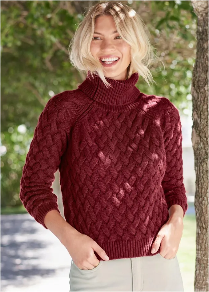 CABLE KNIT TURTLENECK Red Women VENUS Pullover