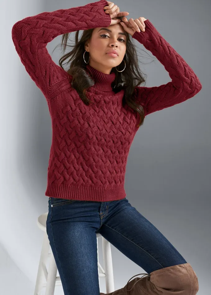 CABLE KNIT TURTLENECK Red Women VENUS Pullover