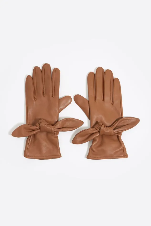 Camel Leather Bow Gloves Camel Women Bimba Y Lola Gloves