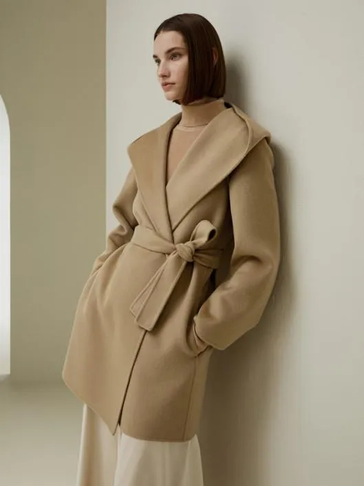 CashmereWoolBlend Belted Short Hooded Coat Women Lilysilk Knitwear