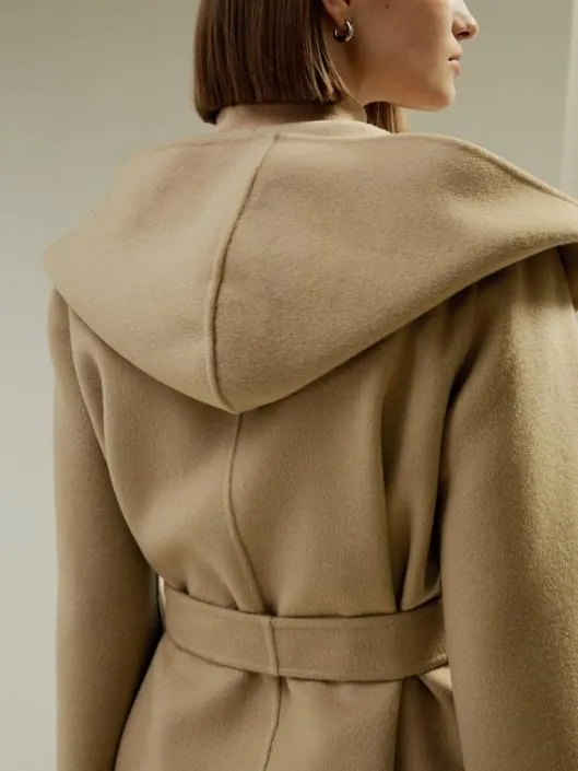 CashmereWoolBlend Belted Short Hooded Coat Women Lilysilk Knitwear