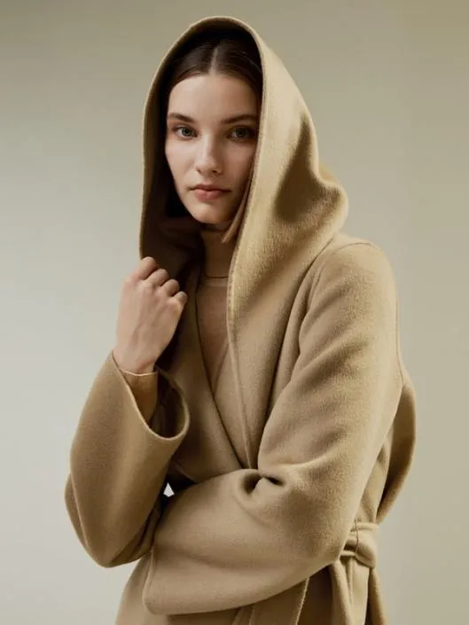 CashmereWoolBlend Belted Short Hooded Coat Women Lilysilk Knitwear