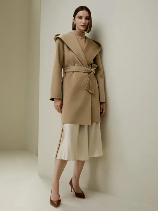 CashmereWoolBlend Belted Short Hooded Coat Women Lilysilk Knitwear