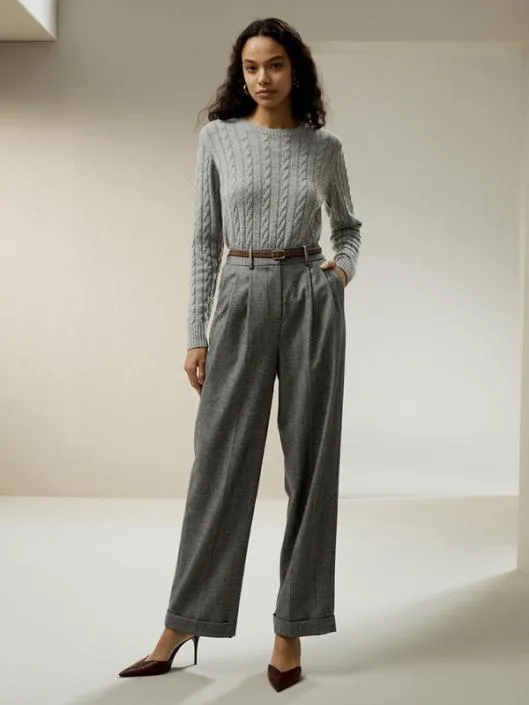 Classic Cable Knit Sweater With Ribbed Edges Women Lilysilk Knitwear
