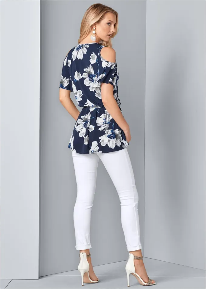 Coldshoulder Print Top Navy Multi Women VENUS Night Out Tops
