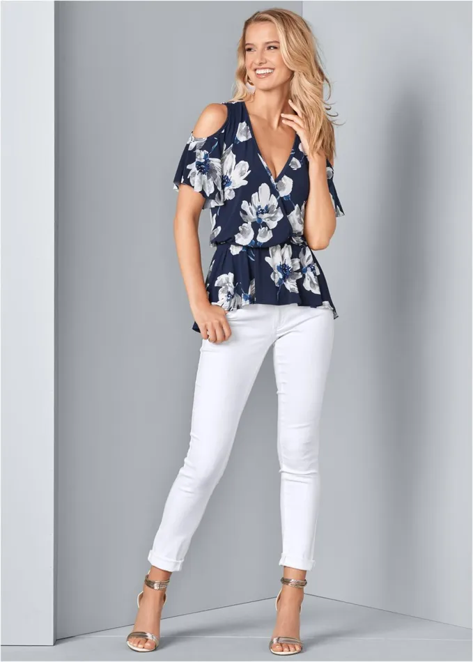 Coldshoulder Print Top Navy Multi Women VENUS Night Out Tops