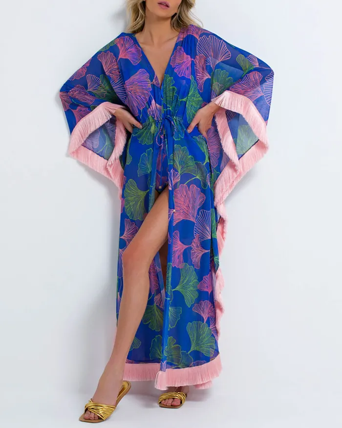 CoverUps Women PatBO Ocean Leaf Fringe Trim Caftan FINAL SALE