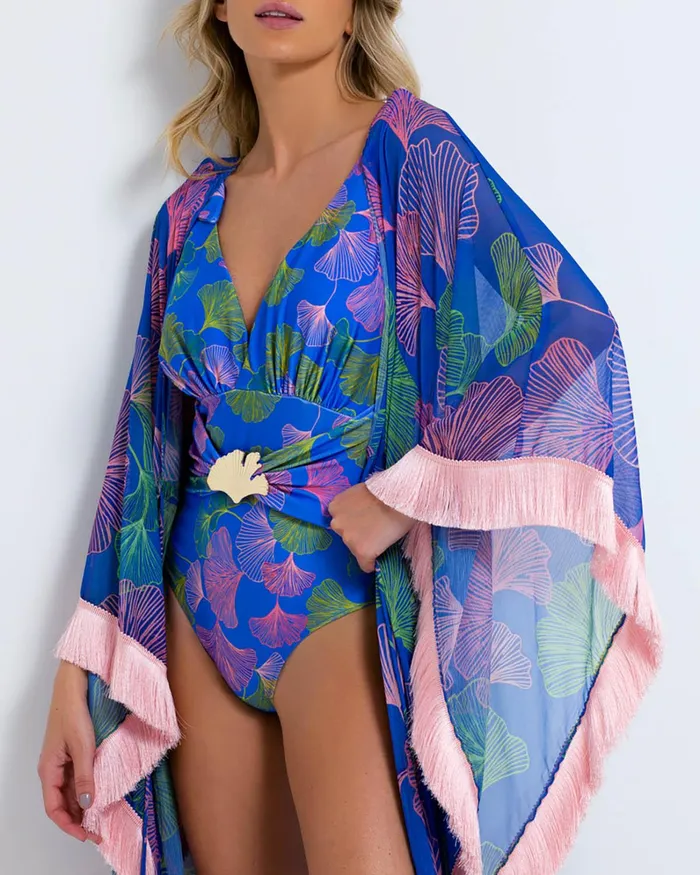 CoverUps Women PatBO Ocean Leaf Fringe Trim Caftan FINAL SALE