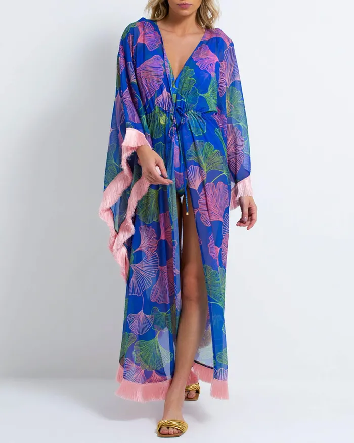 CoverUps Women PatBO Ocean Leaf Fringe Trim Caftan FINAL SALE