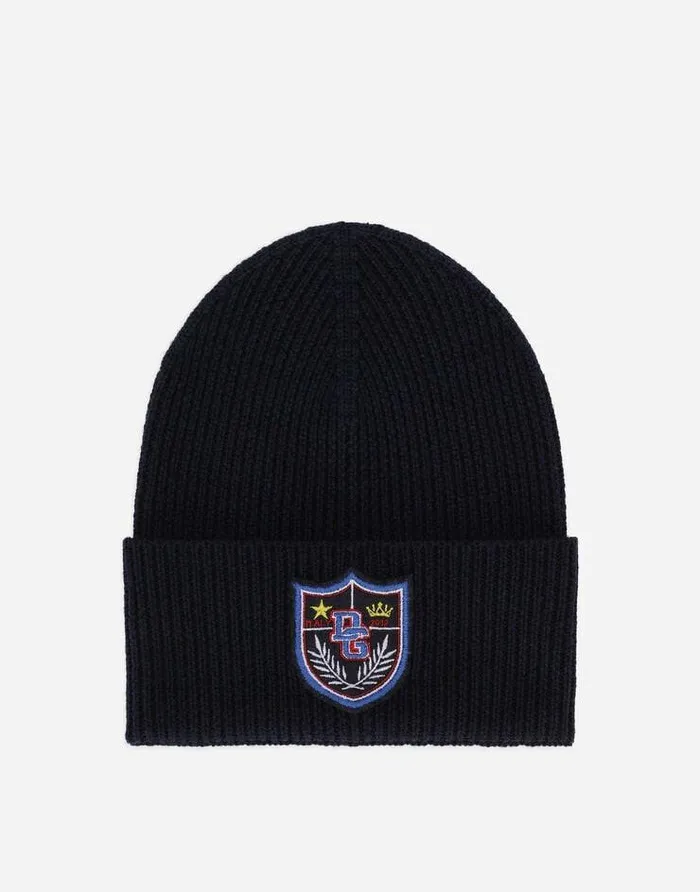 Dolce and Gabbana Accessories Children Knit Hat With Crest Patch Blue