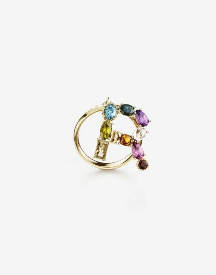 Dolce and Gabbana Alphabet Collection Women Rainbow Alphabet R Ring In Yellow Gold With Multicolor Fine Gems Gold Dolce and Gabbana Alphabet Collection Women Rainbow Alphabet R Ring In Yellow Gold With Multicolor Fine Gems Gold