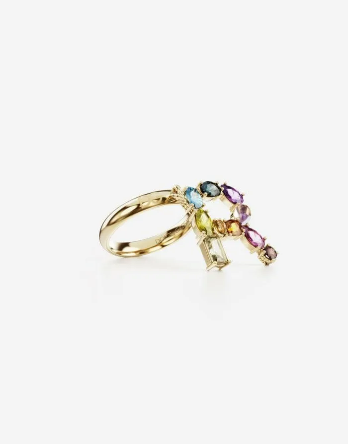 Dolce and Gabbana Alphabet Collection Women Rainbow Alphabet R Ring In Yellow Gold With Multicolor Fine Gems Gold Dolce and Gabbana Alphabet Collection Women Rainbow Alphabet R Ring In Yellow Gold With Multicolor Fine Gems Gold