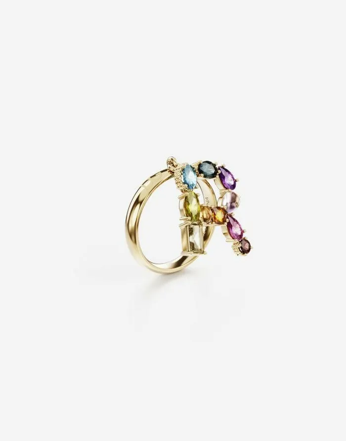 Dolce and Gabbana Alphabet Collection Women Rainbow Alphabet R Ring In Yellow Gold With Multicolor Fine Gems Gold Dolce and Gabbana Alphabet Collection Women Rainbow Alphabet R Ring In Yellow Gold With Multicolor Fine Gems Gold
