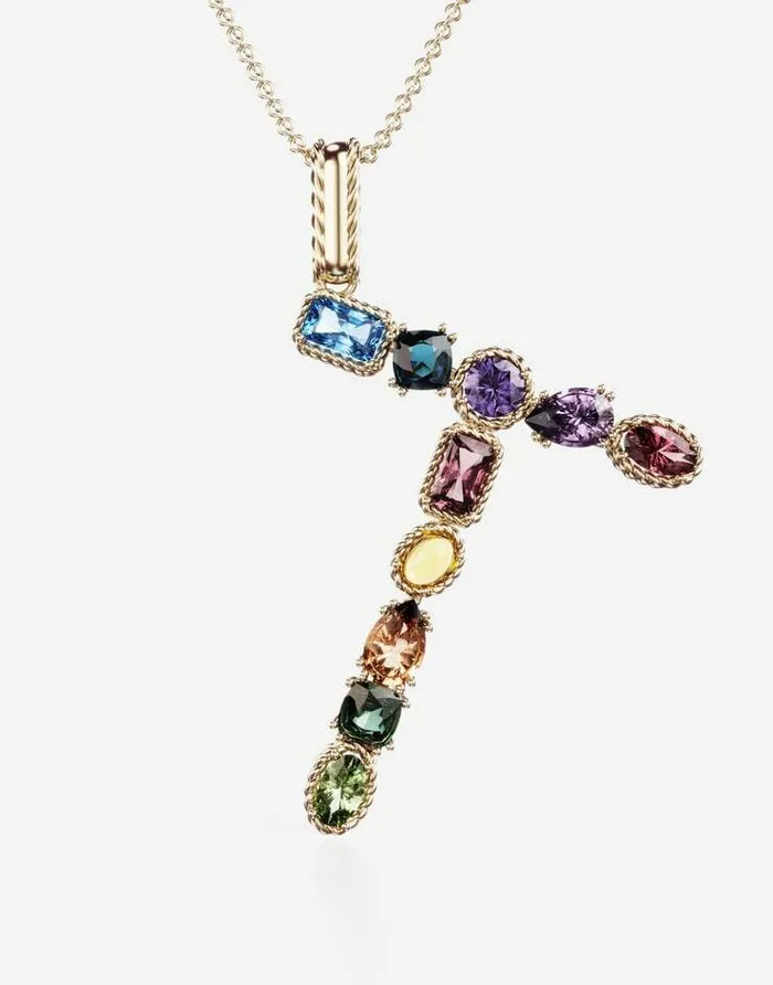 Dolce and Gabbana Alphabet Collection Women Rainbow Alphabet T Pendant In Yellow Gold With Multicolor Fine Gems Gold Dolce and Gabbana Alphabet Collection Women Rainbow Alphabet T Pendant In Yellow Gold With Multicolor Fine Gems Gold
