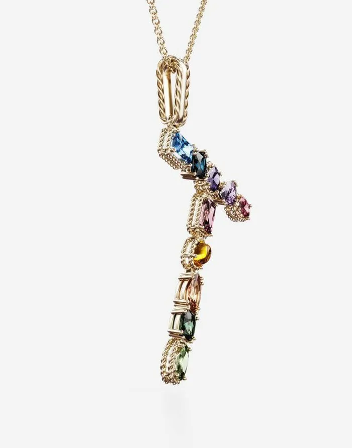 Dolce and Gabbana Alphabet Collection Women Rainbow Alphabet T Pendant In Yellow Gold With Multicolor Fine Gems Gold Dolce and Gabbana Alphabet Collection Women Rainbow Alphabet T Pendant In Yellow Gold With Multicolor Fine Gems Gold