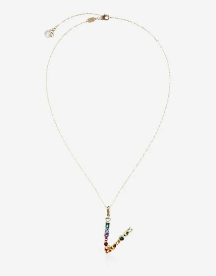 Dolce and Gabbana Alphabet Collection Women Rainbow Alphabet V Pendant In Yellow Gold With Multicolor Fine Gems Gold Dolce and Gabbana Alphabet Collection Women Rainbow Alphabet V Pendant In Yellow Gold With Multicolor Fine Gems Gold