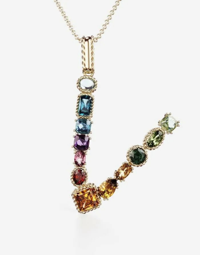 Dolce and Gabbana Alphabet Collection Women Rainbow Alphabet V Pendant In Yellow Gold With Multicolor Fine Gems Gold Dolce and Gabbana Alphabet Collection Women Rainbow Alphabet V Pendant In Yellow Gold With Multicolor Fine Gems Gold