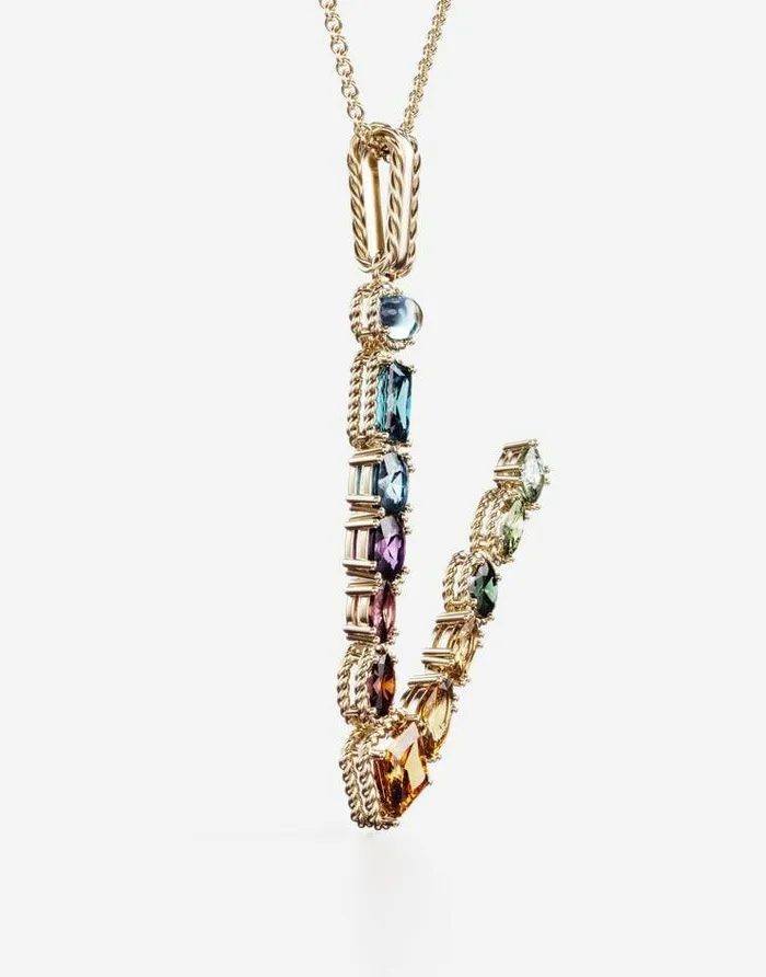 Dolce and Gabbana Alphabet Collection Women Rainbow Alphabet V Pendant In Yellow Gold With Multicolor Fine Gems Gold Dolce and Gabbana Alphabet Collection Women Rainbow Alphabet V Pendant In Yellow Gold With Multicolor Fine Gems Gold