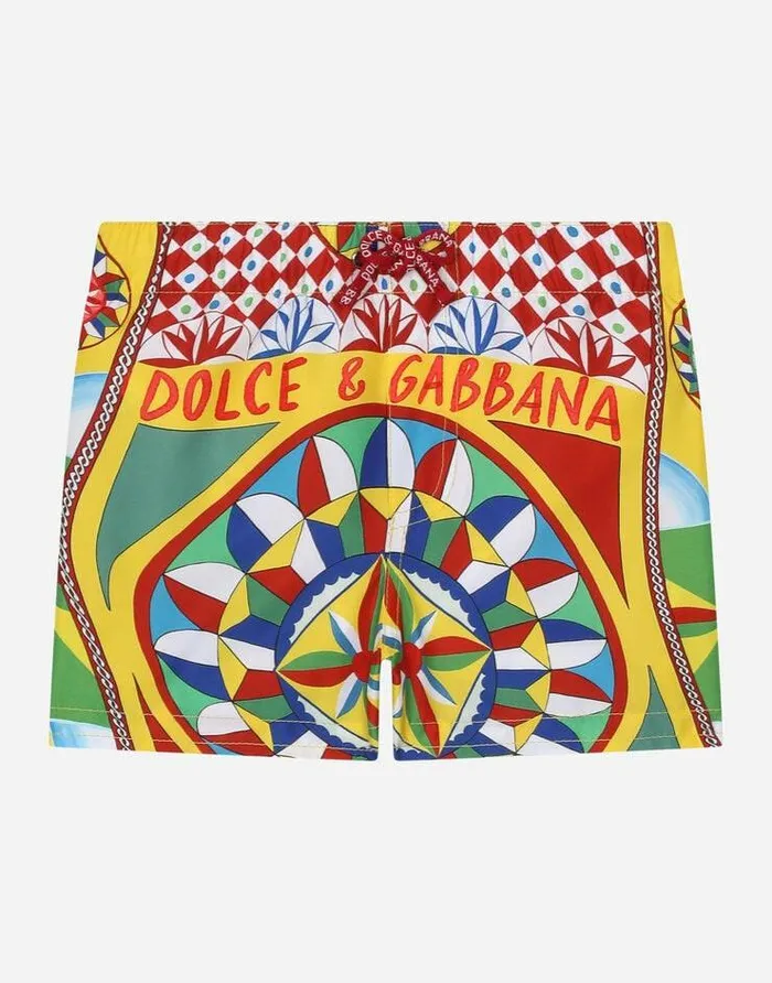 Dolce and Gabbana Beachwear Children Nylon Swim Trunks With Carretto Print Red