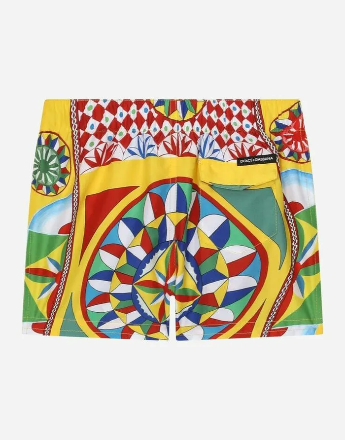 Dolce and Gabbana Beachwear Children Nylon Swim Trunks With Carretto Print Red Dolce and Gabbana Beachwear Children Nylon Swim Trunks With Carretto Print Red