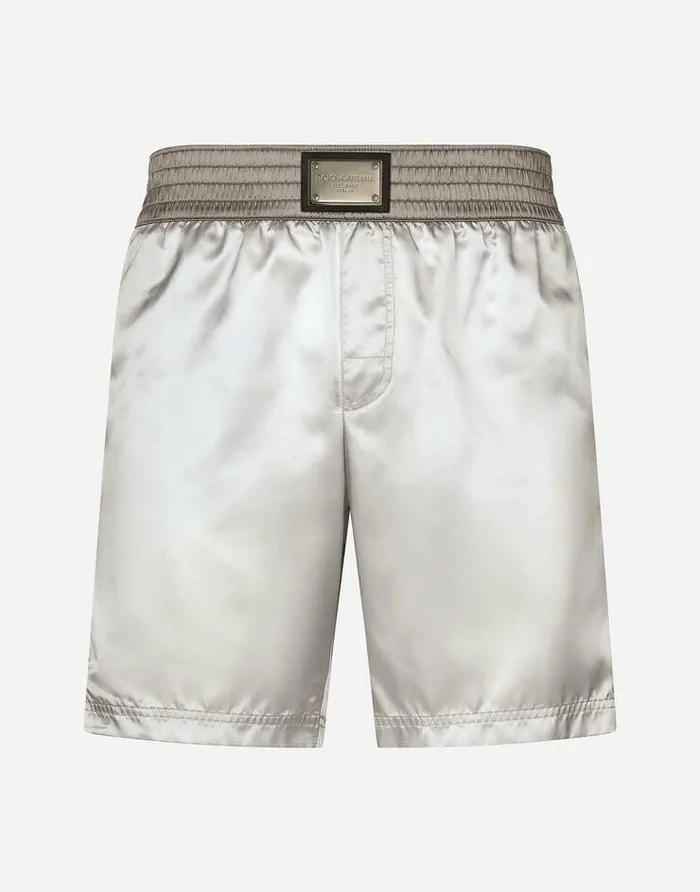 Dolce and Gabbana Beachwear Men Midlength Swim Trunks With Bands And Logo Tag Grey