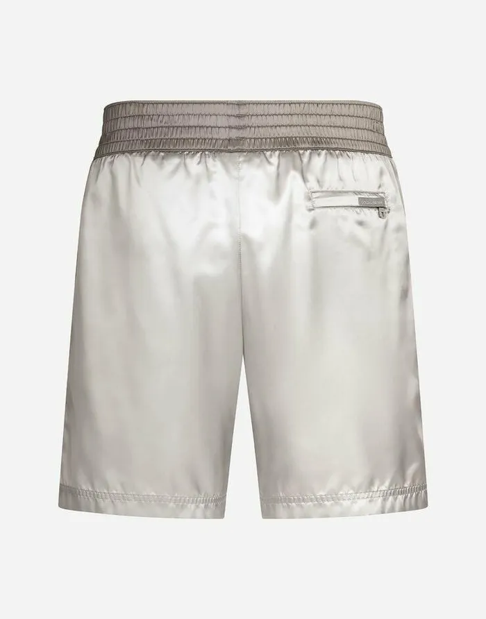 Dolce and Gabbana Beachwear Men Midlength Swim Trunks With Bands And Logo Tag Grey Dolce and Gabbana Beachwear Men Midlength Swim Trunks With Bands And Logo Tag Grey