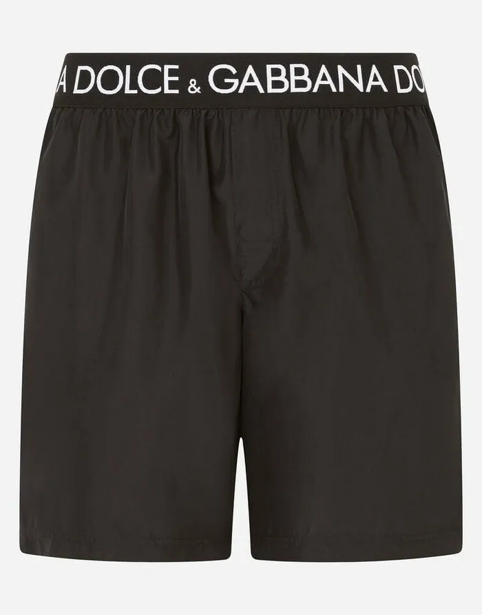 Dolce and Gabbana Beachwear Men Midlength Swim Trunks With Branded Stretch Waistband Black Dolce and Gabbana Beachwear Men Midlength Swim Trunks With Branded Stretch Waistband Black