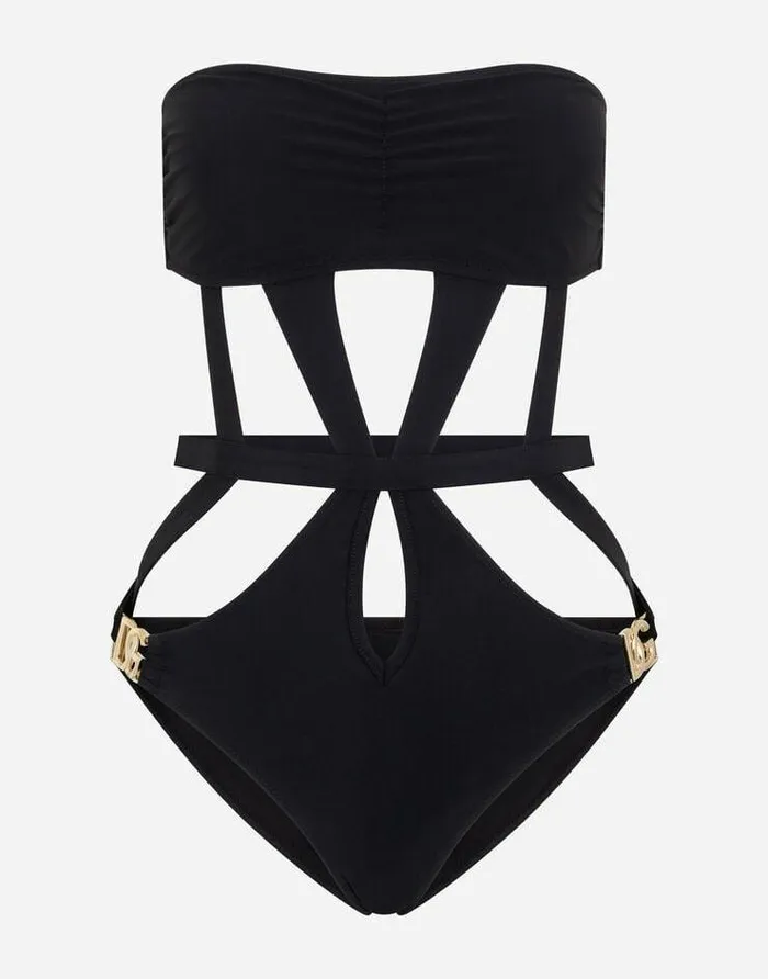 Dolce and Gabbana Beachwear Women Onepiece Bandeau Swimsuit With DG Logo Black Dolce and Gabbana Beachwear Women Onepiece Bandeau Swimsuit With DG Logo Black