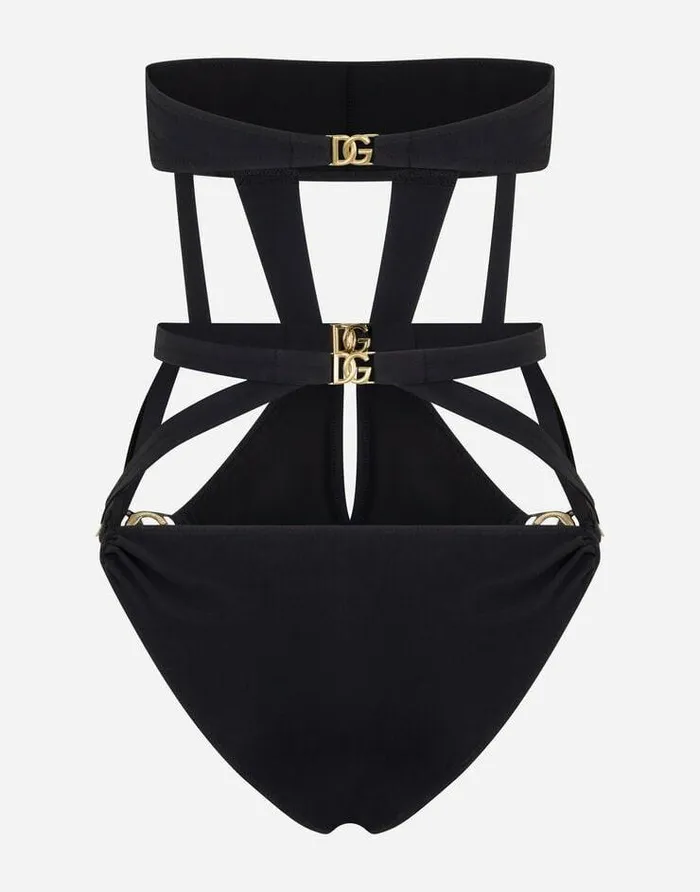 Dolce and Gabbana Beachwear Women Onepiece Bandeau Swimsuit With DG Logo Black Dolce and Gabbana Beachwear Women Onepiece Bandeau Swimsuit With DG Logo Black