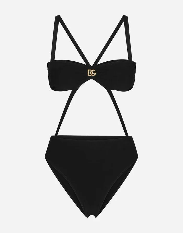 Dolce and Gabbana Beachwear Women Onepiece Swimsuit With DG Logo And Laces Black Dolce and Gabbana Beachwear Women Onepiece Swimsuit With DG Logo And Laces Black