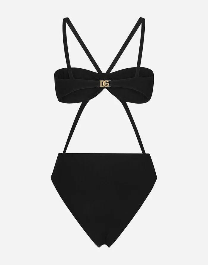 Dolce and Gabbana Beachwear Women Onepiece Swimsuit With DG Logo And Laces Black Dolce and Gabbana Beachwear Women Onepiece Swimsuit With DG Logo And Laces Black