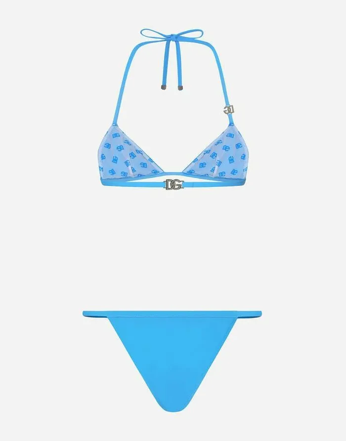 Dolce and Gabbana Beachwear Women Triangle Bikini With DG Logo Turquoise Dolce and Gabbana Beachwear Women Triangle Bikini With DG Logo Turquoise