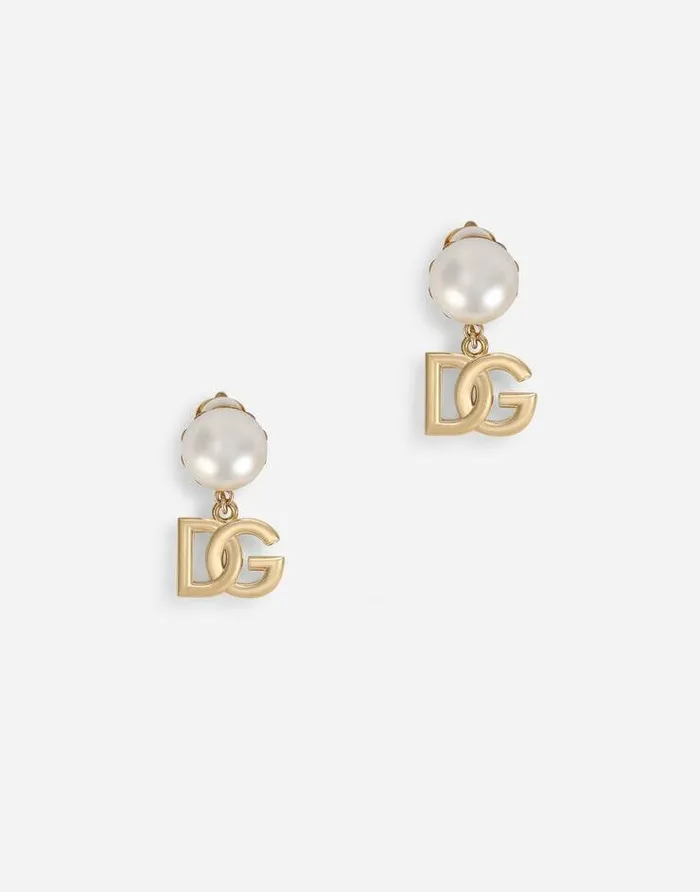 Dolce and Gabbana Bijoux Men Clipon Earrings With Pearls And DG Logo Pendants Gold Dolce and Gabbana Bijoux Men Clipon Earrings With Pearls And DG Logo Pendants Gold