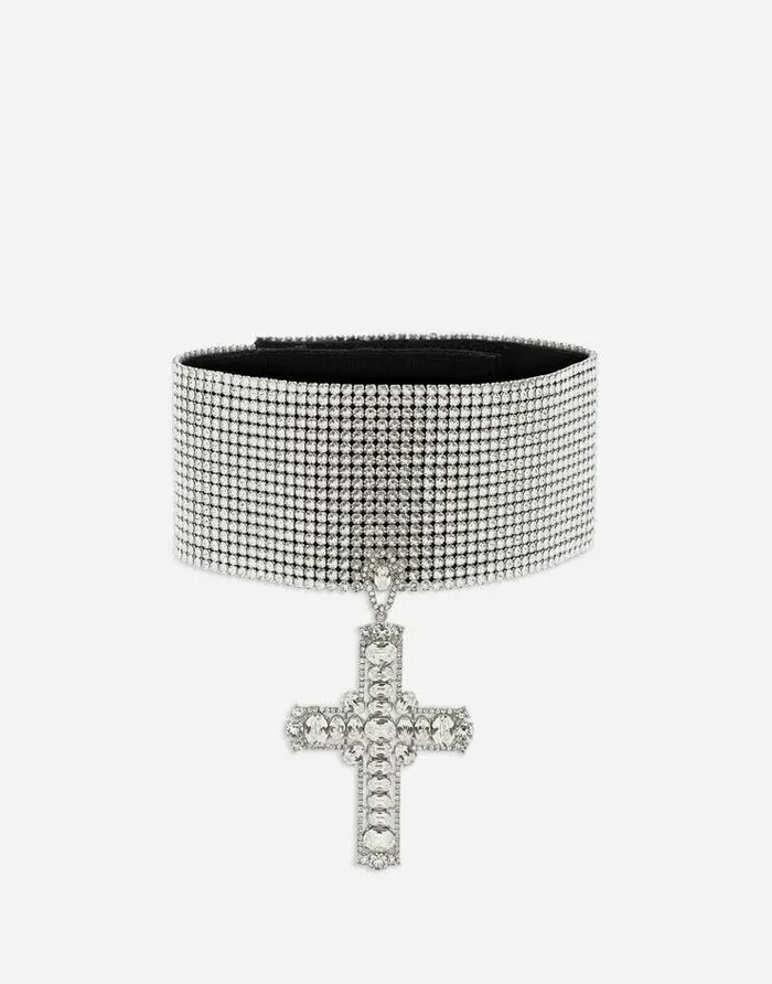Dolce and Gabbana Bijoux Women Crystal Mesh Choker With Cross Crystal