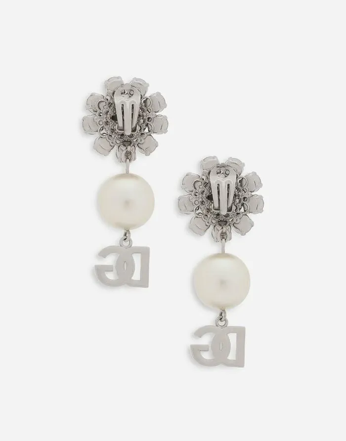 Dolce and Gabbana Bijoux Women Earrings With Rhinestones Pearls And DG Logo Silver Dolce and Gabbana Bijoux Women Earrings With Rhinestones Pearls And DG Logo Silver