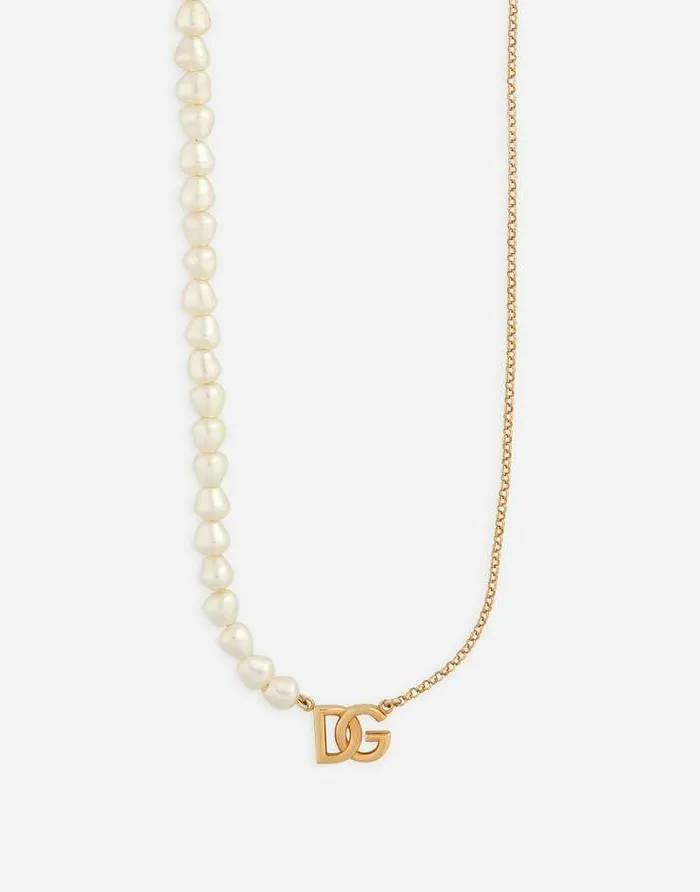 Dolce and Gabbana Bijoux Women Link Necklace With Pearls And DG Logo Gold