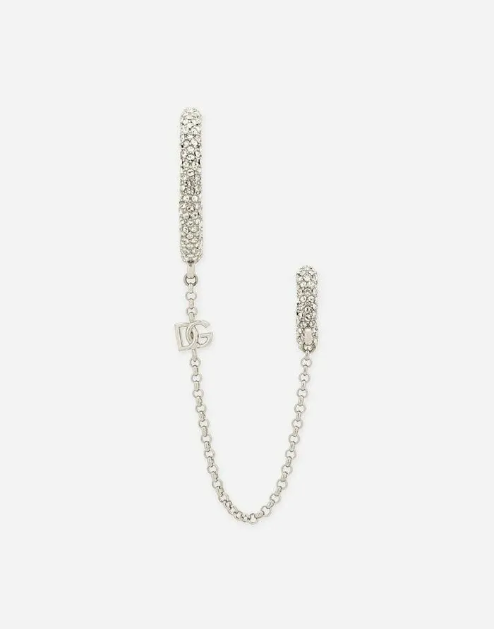 Dolce and Gabbana Bijoux Women Single Rhinestonedetailed Creole Earring With Chain Accent Silver Dolce and Gabbana Bijoux Women Single Rhinestonedetailed Creole Earring With Chain Accent Silver