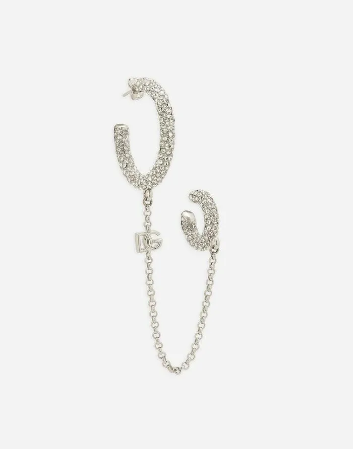 Dolce and Gabbana Bijoux Women Single Rhinestonedetailed Creole Earring With Chain Accent Silver Dolce and Gabbana Bijoux Women Single Rhinestonedetailed Creole Earring With Chain Accent Silver