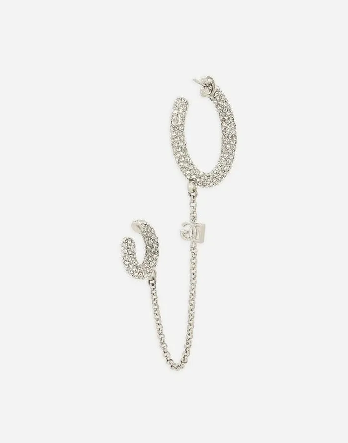 Dolce and Gabbana Bijoux Women Single Rhinestonedetailed Creole Earring With Chain Accent Silver Dolce and Gabbana Bijoux Women Single Rhinestonedetailed Creole Earring With Chain Accent Silver
