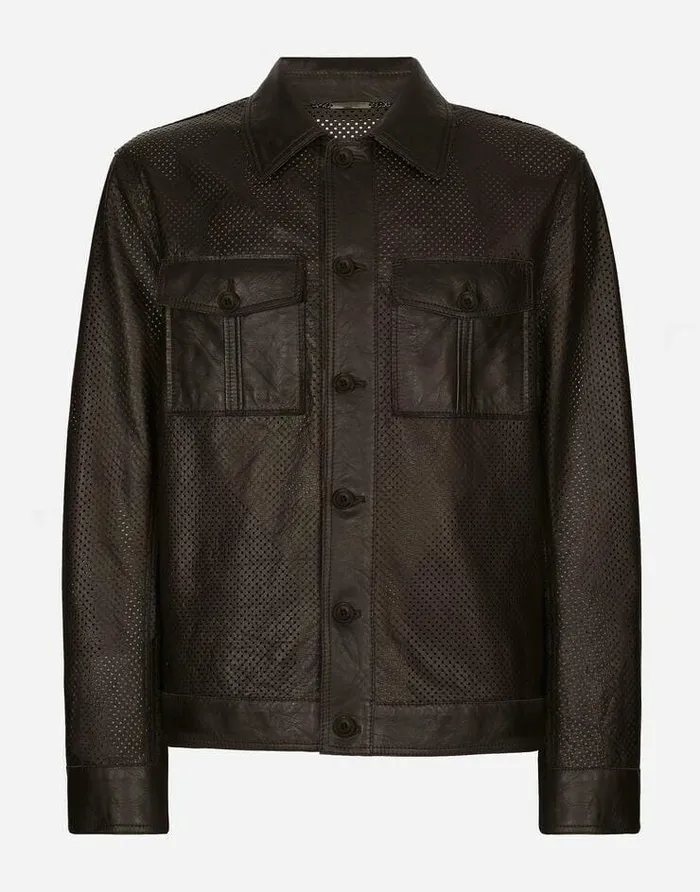 Dolce and Gabbana Coats And Jackets Men Openwork Leather Jacket With Brand Plate Brown Dolce and Gabbana Coats And Jackets Men Openwork Leather Jacket With Brand Plate Brown