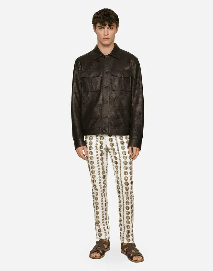Dolce and Gabbana Coats And Jackets Men Openwork Leather Jacket With Brand Plate Brown Dolce and Gabbana Coats And Jackets Men Openwork Leather Jacket With Brand Plate Brown