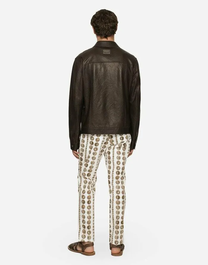 Dolce and Gabbana Coats And Jackets Men Openwork Leather Jacket With Brand Plate Brown Dolce and Gabbana Coats And Jackets Men Openwork Leather Jacket With Brand Plate Brown