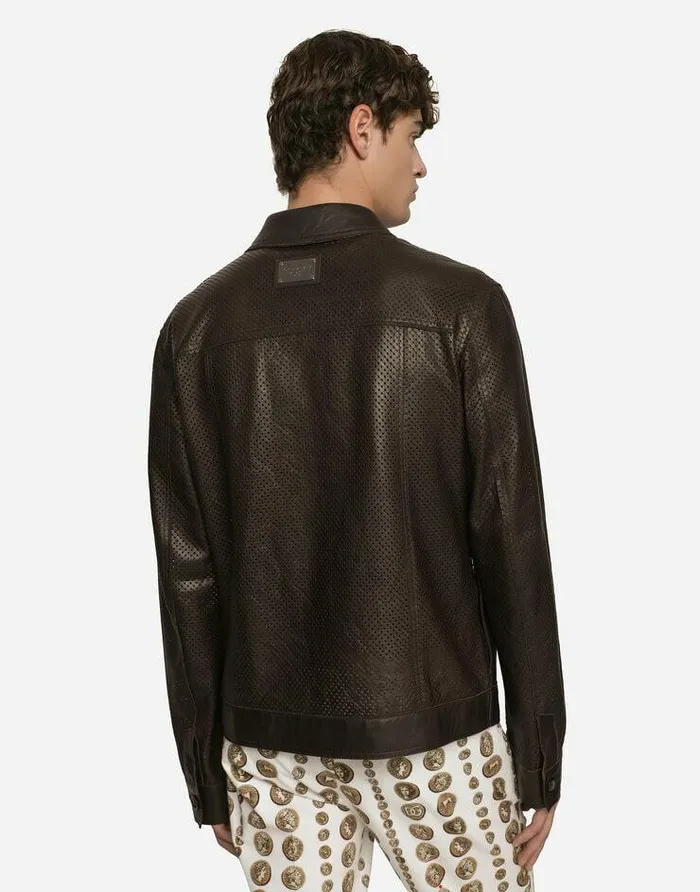 Dolce and Gabbana Coats And Jackets Men Openwork Leather Jacket With Brand Plate Brown Dolce and Gabbana Coats And Jackets Men Openwork Leather Jacket With Brand Plate Brown