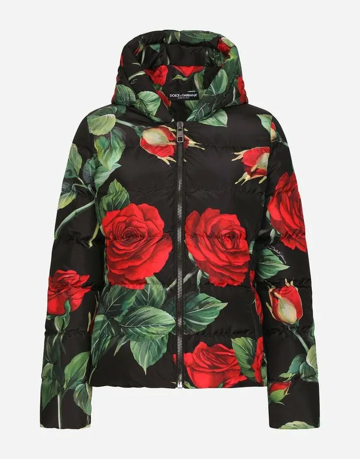 Dolce and Gabbana Coats And Jackets Women Nylon Down Jacket With Red Rose Print Multicolor Dolce and Gabbana Coats And Jackets Women Nylon Down Jacket With Red Rose Print Multicolor