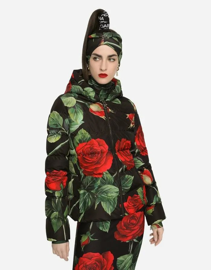 Dolce and Gabbana Coats And Jackets Women Nylon Down Jacket With Red Rose Print Multicolor Dolce and Gabbana Coats And Jackets Women Nylon Down Jacket With Red Rose Print Multicolor