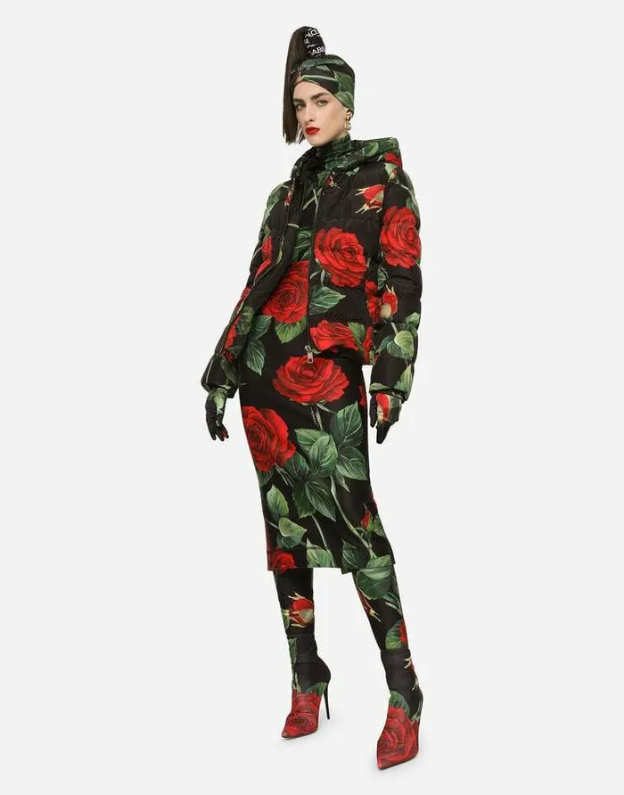 Dolce and Gabbana Coats And Jackets Women Nylon Down Jacket With Red Rose Print Multicolor Dolce and Gabbana Coats And Jackets Women Nylon Down Jacket With Red Rose Print Multicolor