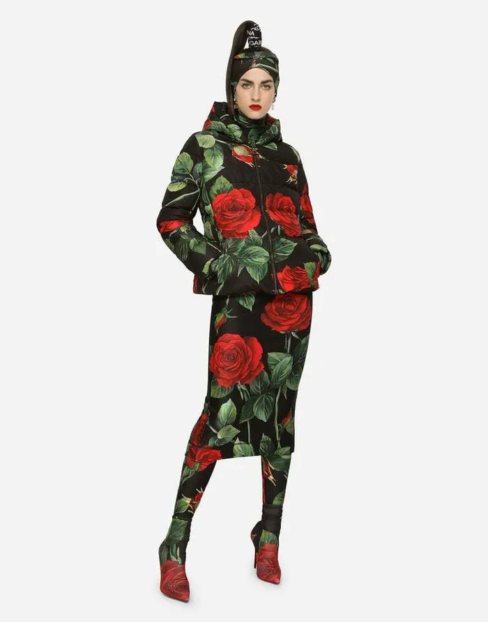 Dolce and Gabbana Coats And Jackets Women Nylon Down Jacket With Red Rose Print Multicolor Dolce and Gabbana Coats And Jackets Women Nylon Down Jacket With Red Rose Print Multicolor