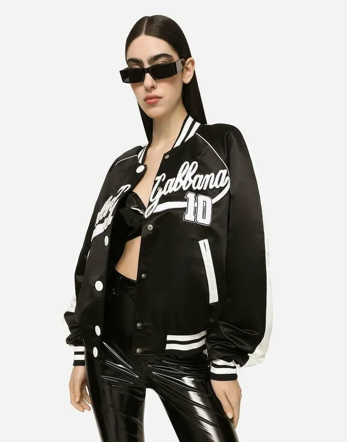 Dolce and Gabbana Coats And Jackets Women Satin Varsity Bomber Jacket With DolceandGabbana Embroidery Black Dolce and Gabbana Coats And Jackets Women Satin Varsity Bomber Jacket With DolceandGabbana Embroidery Black