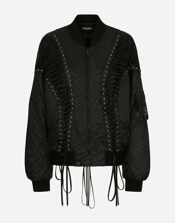 Dolce and Gabbana Coats And Jackets Women Technical Fabric Bomber Jacket With Laces And Eyelets Black Dolce and Gabbana Coats And Jackets Women Technical Fabric Bomber Jacket With Laces And Eyelets Black