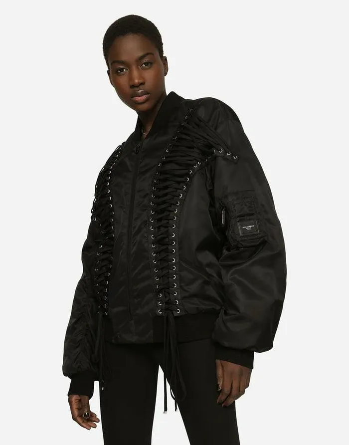 Dolce and Gabbana Coats And Jackets Women Technical Fabric Bomber Jacket With Laces And Eyelets Black Dolce and Gabbana Coats And Jackets Women Technical Fabric Bomber Jacket With Laces And Eyelets Black
